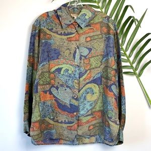 Vintage Runaway Bay 100% Silk Patterned Long Sleeve Button Up Size Small